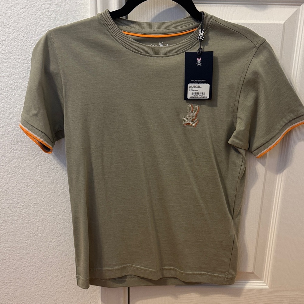 Psycho Bunny Olive Green Kids Tee with Orange Trim